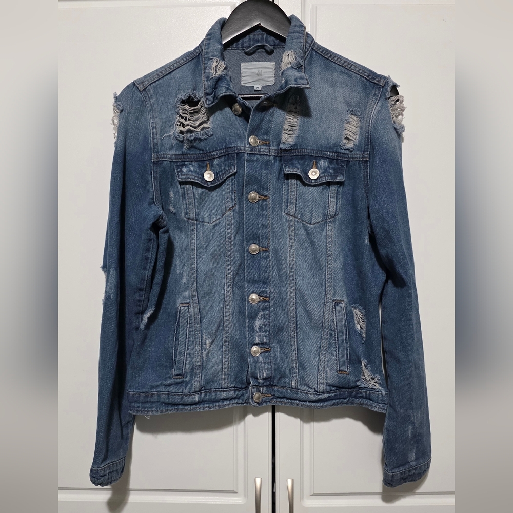 I&M Jeans Womens Medium Wash Blue Ripped Distressed Jean Denim Jacket Streetwear